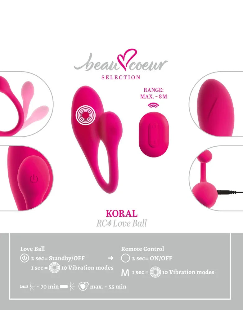 Fernsteuerbare Liebeskugel „KORAL RC Love Ball“ – 10 Vibrationsprogramme & Fernbedienung (Pink)