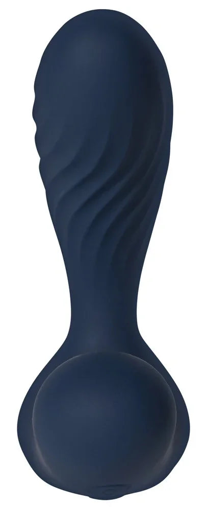 Dunkelblauer Vibrator mit gewellter Oberfläche und ergonomischem Griff für intensives Vergnügen
