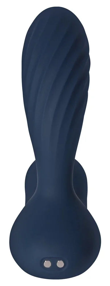 Blauer Vibrator mit wellenförmiger Oberfläche und Saugnapf für intime Vergnügen