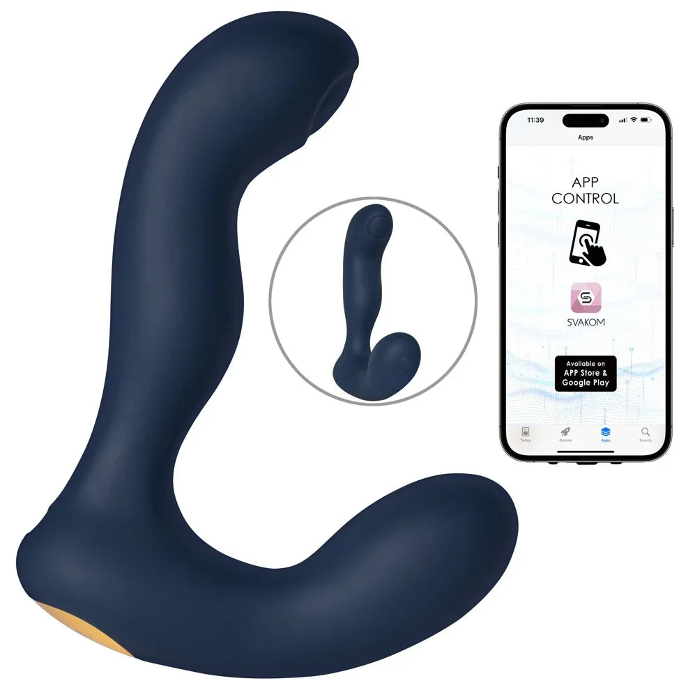 Blauer G-Punkt-Vibrator mit App-Steuerung und SVAKOM-Logo, ideal für intime Momente