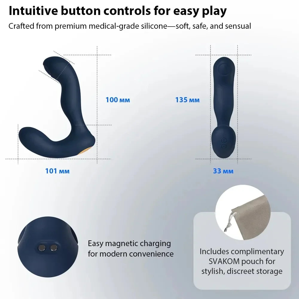 Blauer Vibrator aus medizinischem Silikon mit intuitiven Tasten, magnetischem Laden & Stoffbeutel für diskrete Aufbewahrung