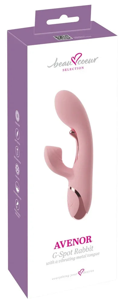 Rosa G-Spot Vibrator mit vibrierender Metallzunge, verpackt in lila Box – ideal für intimen Genuss