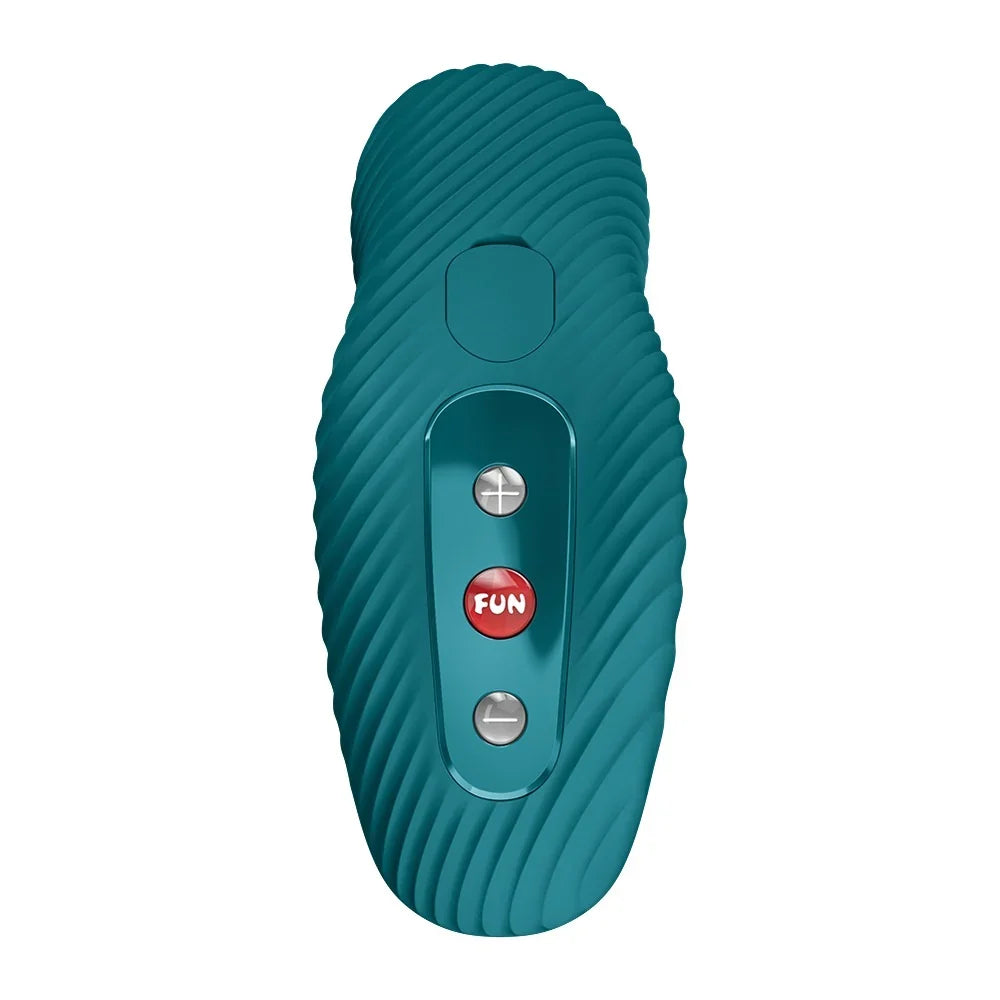 Türkiser Vibrator mit Wellenstruktur und rotem 'FUN'-Knopf für intensives Vergnügen