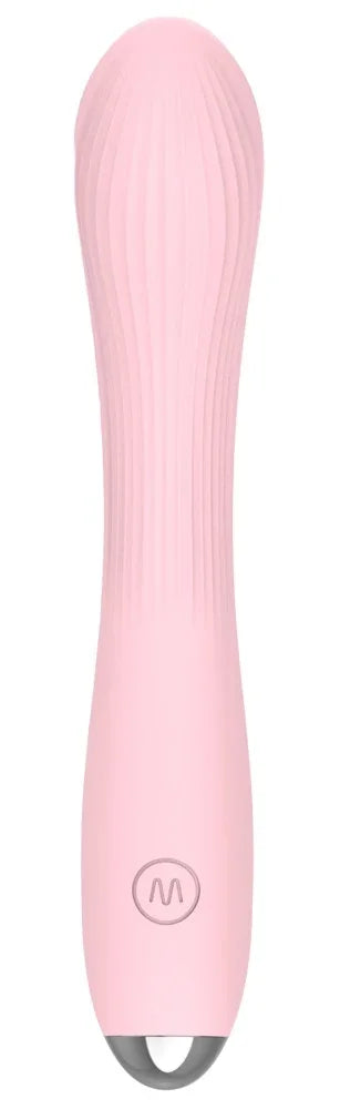 Rosa Vibrator mit geriffelter Oberfläche und M-Logo für intensives Vergnügen