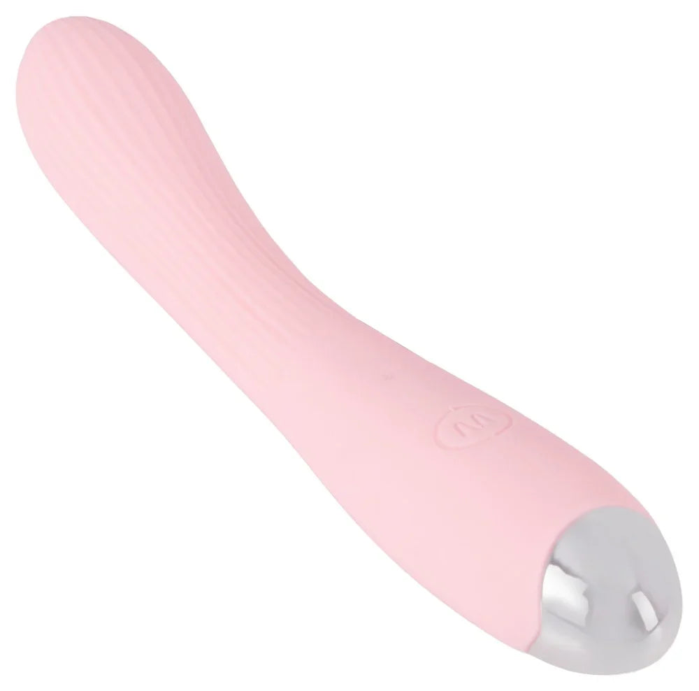 Rosa Vibrator mit geripptem Griff und silberner Spitze für intime Genussmomente