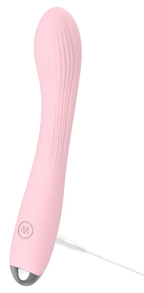 Rosa Vibrator mit geriffelter Oberfläche und USB-Ladekabel für intime Genussmomente