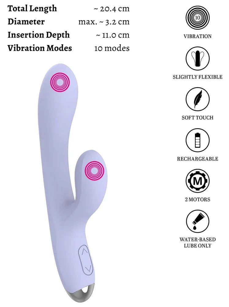 Lila Doppel-Vibrator mit 10 Vibrationsmodi, wiederaufladbar, weich & flexibel für intensives Vergnügen