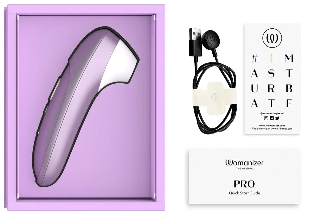 Lila Auflegevibrator mit Ladekabel und Bedienungsanleitung in moderner Geschenkverpackung