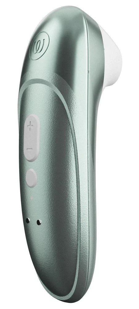 Moderner Vibrator in metallic-grün mit ergonomischer Form und Steuerknöpfen, Sexspielzeug