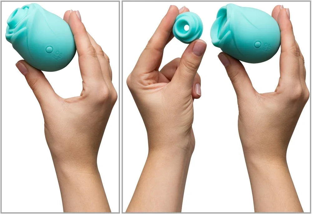 Türkisfarbener Vibrator in Rosenform, handgehalten, mit abnehmbarem Kopf für intime Pflege