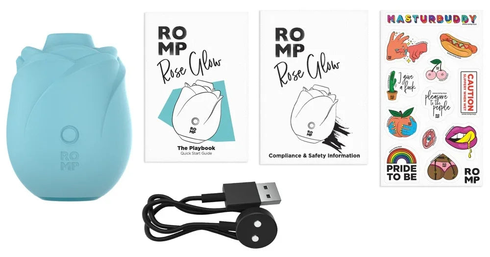 ROMP Rose Glow Vibrator mit Ladekabel, Anleitung und Aufklebern – diskretes Liebesleben