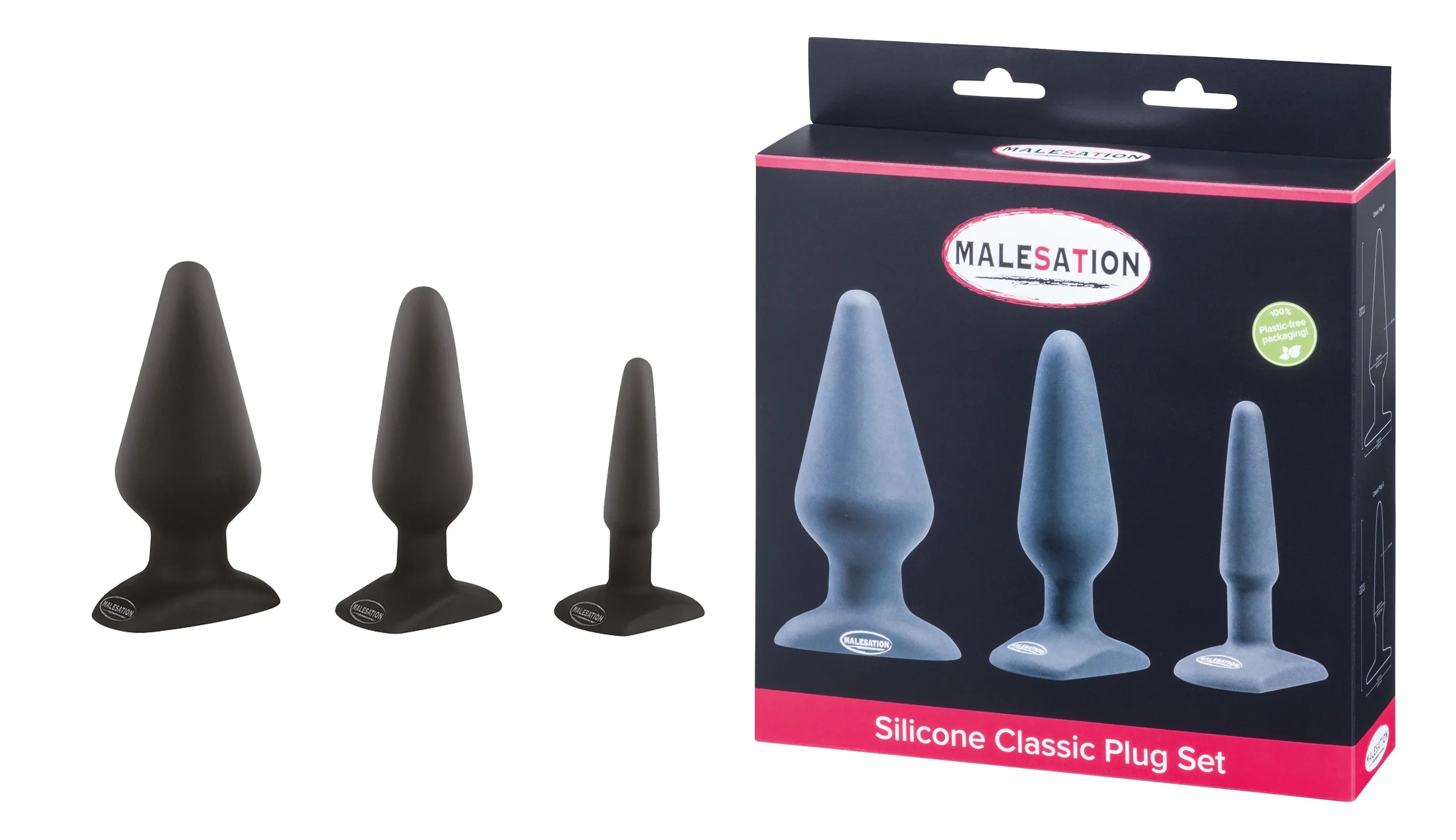 Schwarzes Silikon-Plug-Set in drei Größen mit Verpackung, erotisches Spielzeug für Erwachsene