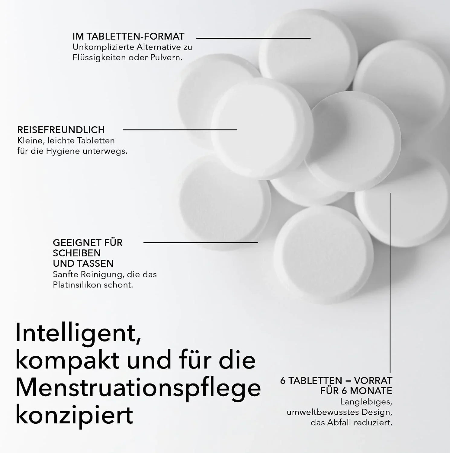 Weiße Menstruationspflege-Tabletten für Scheiben & Tassen, reisefreundlich, 6 Monate Vorrat
