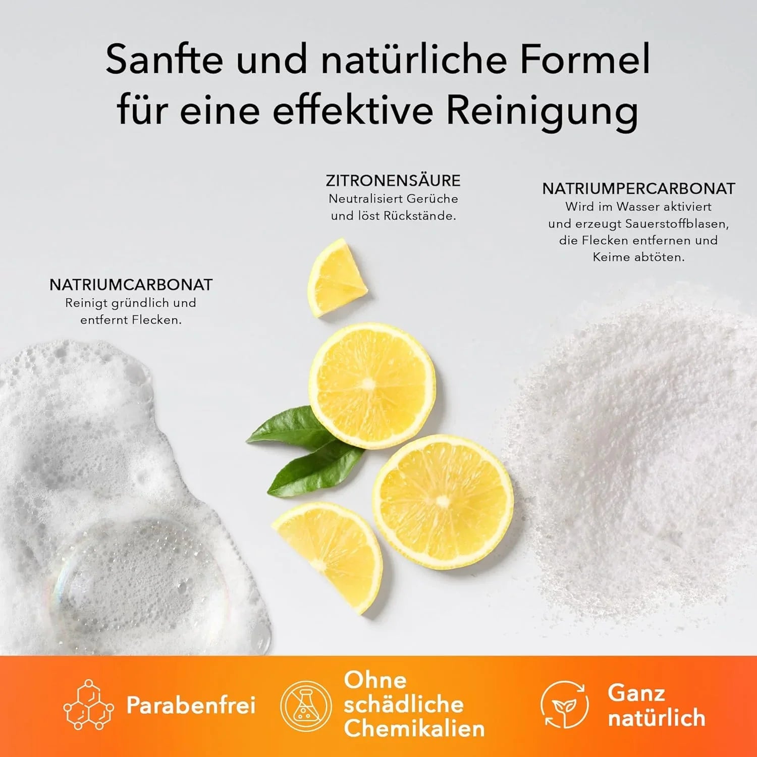 Natürliche Reinigungsformel mit Zitronensäure, Natriumcarbonat & Natriumpercarbonat – parabenfrei, ohne schädliche Chemikalien