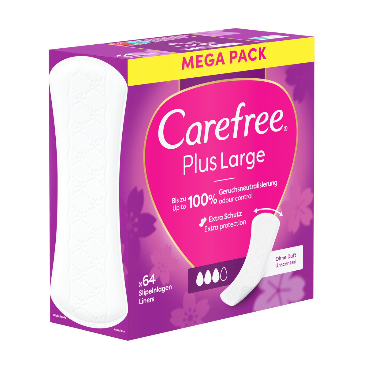 Protège-slips « Plus Large sans parfum 64 unités » – Surface de protection extra large de Carefree®
