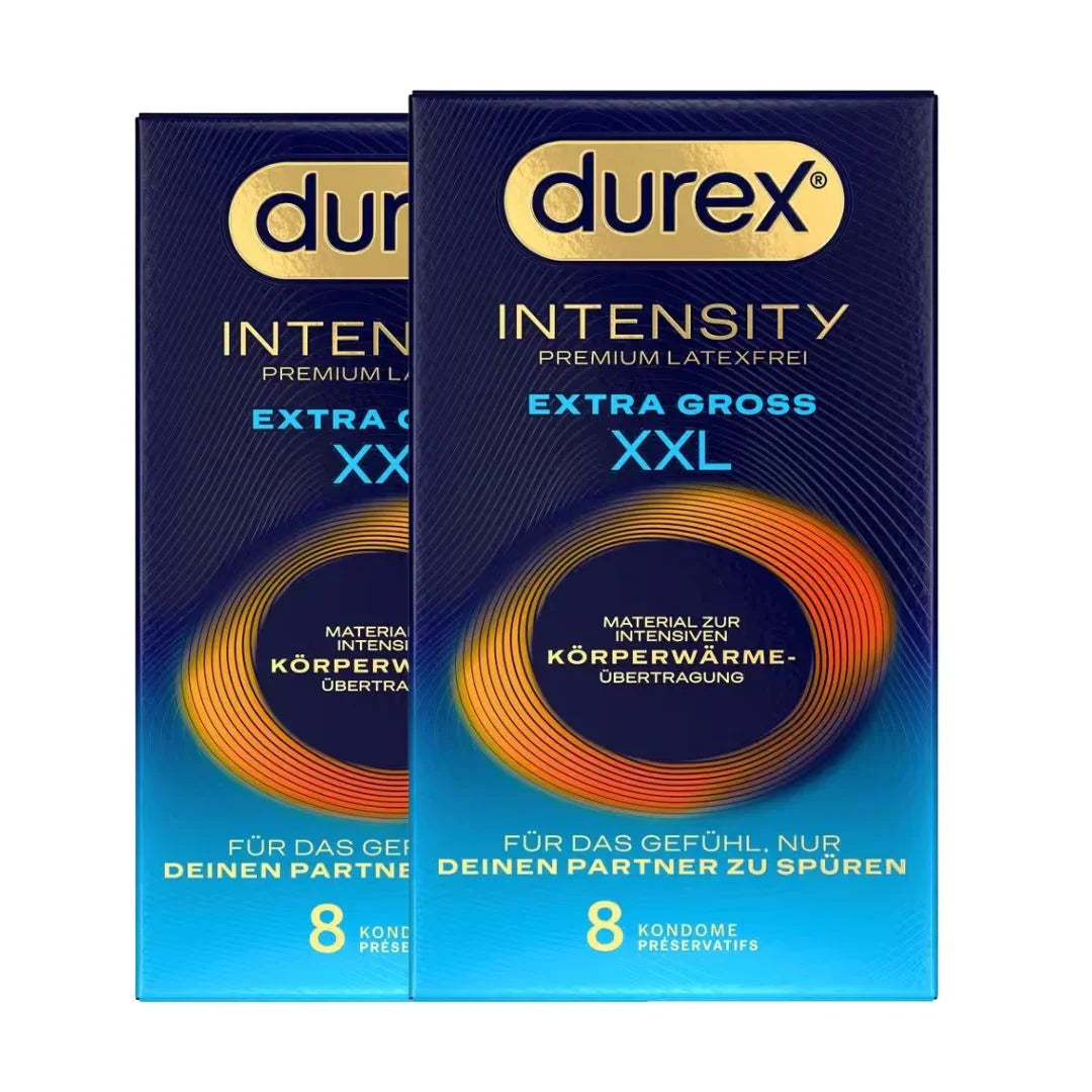 Zwei Durex Intensity XXL Kondompackungen, extra groß, latexfrei, je 8 Kondome.