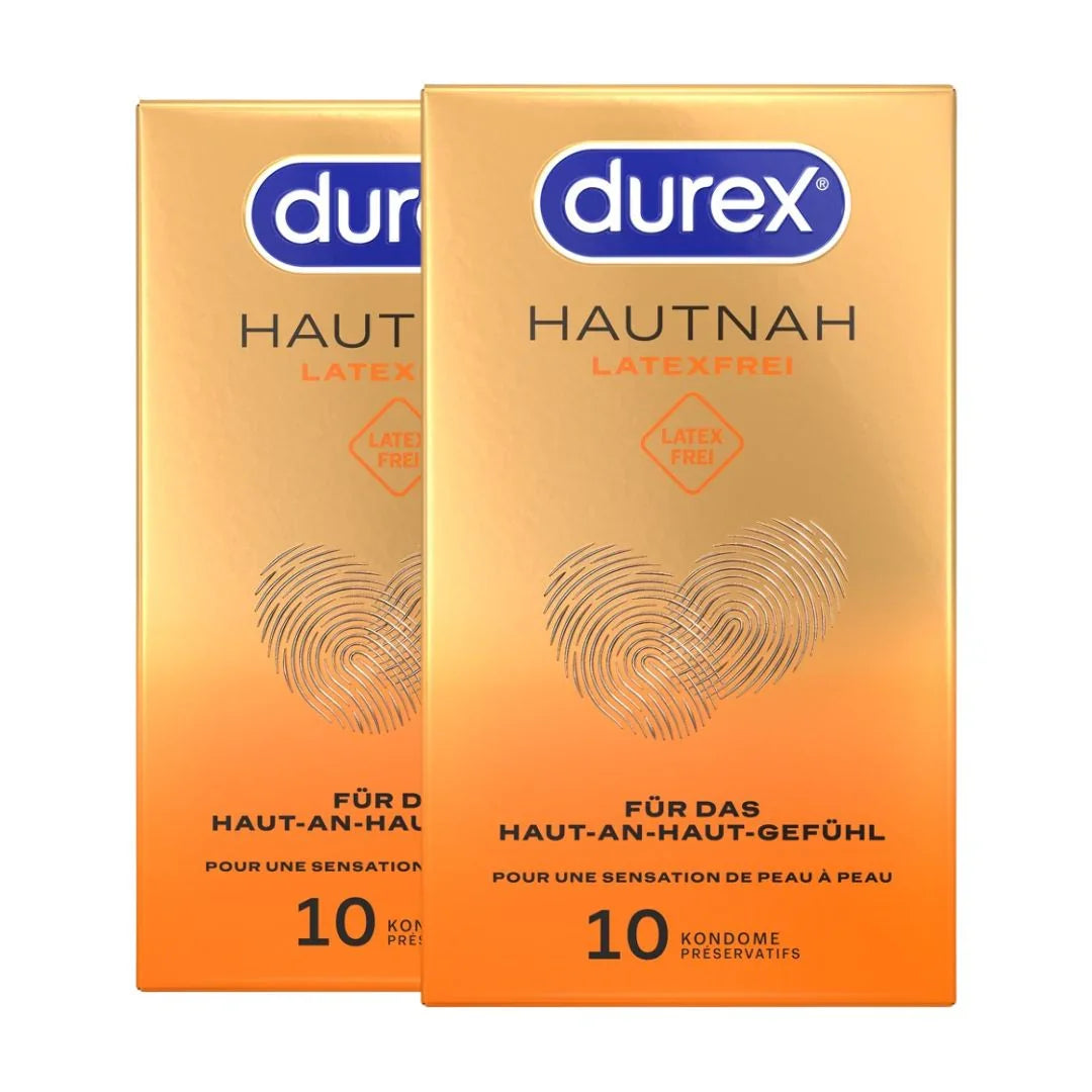 Zwei Packungen Durex Hautnah latexfreie Kondome, gold-orange Verpackung, 10 Stück
