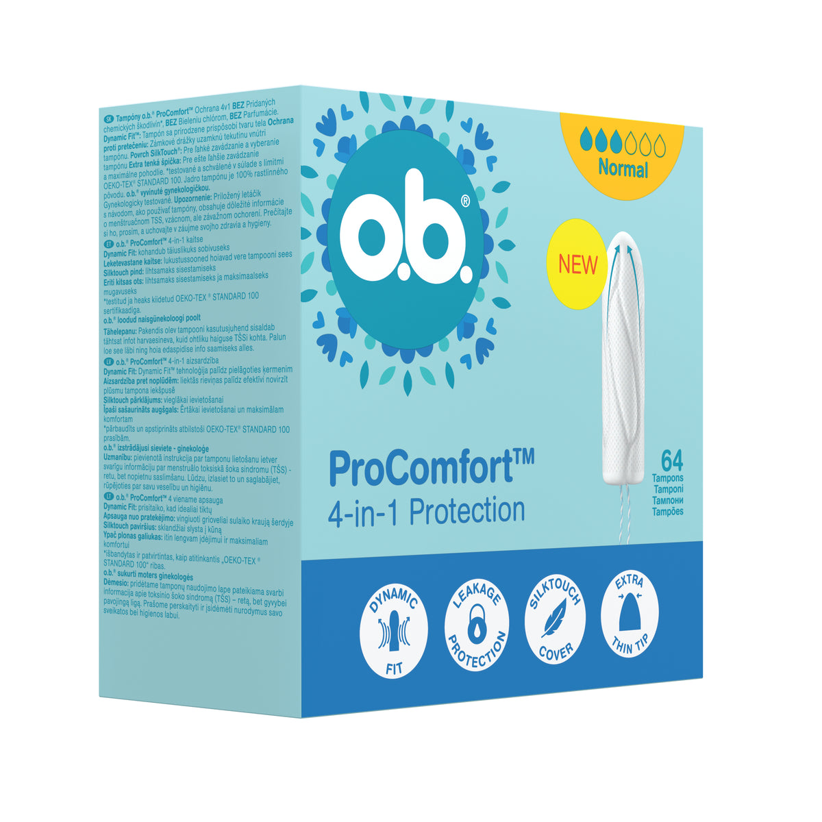 Tampons « ProComfort® Normal 64 pièces » – Protection 4-en-1 d'o.b.®