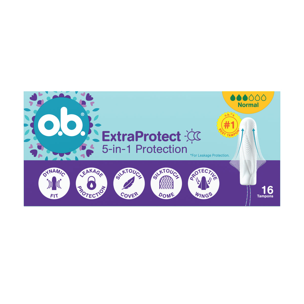 Tampons « ExtraProtect Normal 16 pièces » – Protection 5-en-1 d'o.b.®