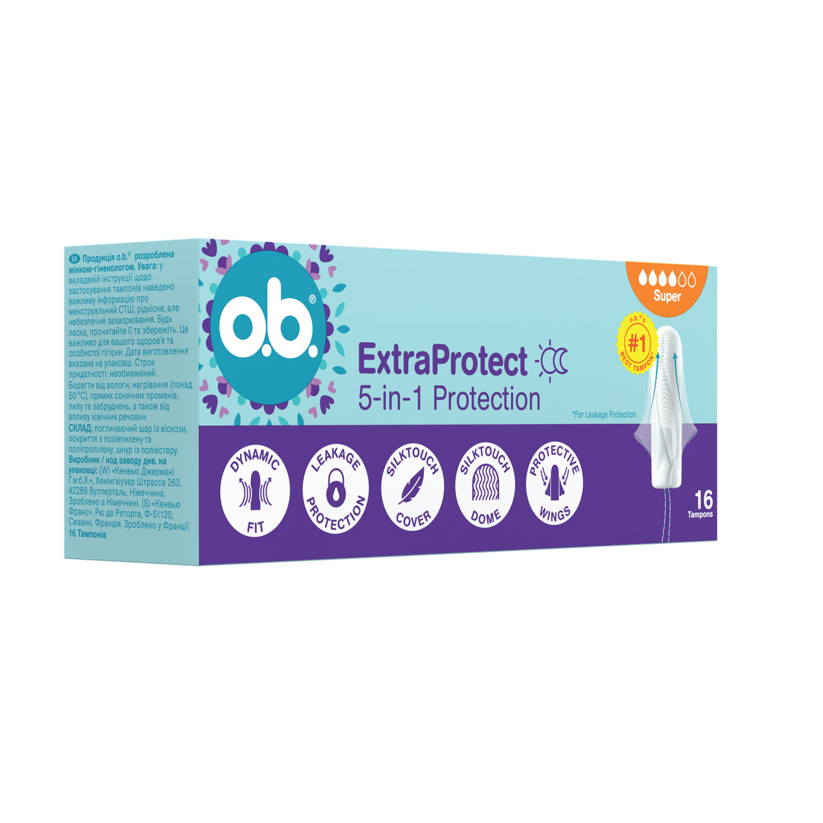 Tampons « ExtraProtect Super 16 pièces » – Protection 5-en-1 d'o.b.®