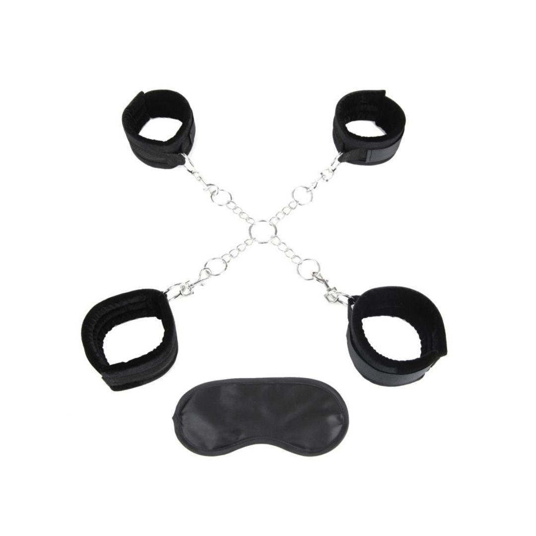 Hogtie "Lux Fetish" Handgelenk- und Fussgelenkmanschetten - mit Schnellverschlussclips & Satin Augenbinde (schwarz) - loveiu.ch
