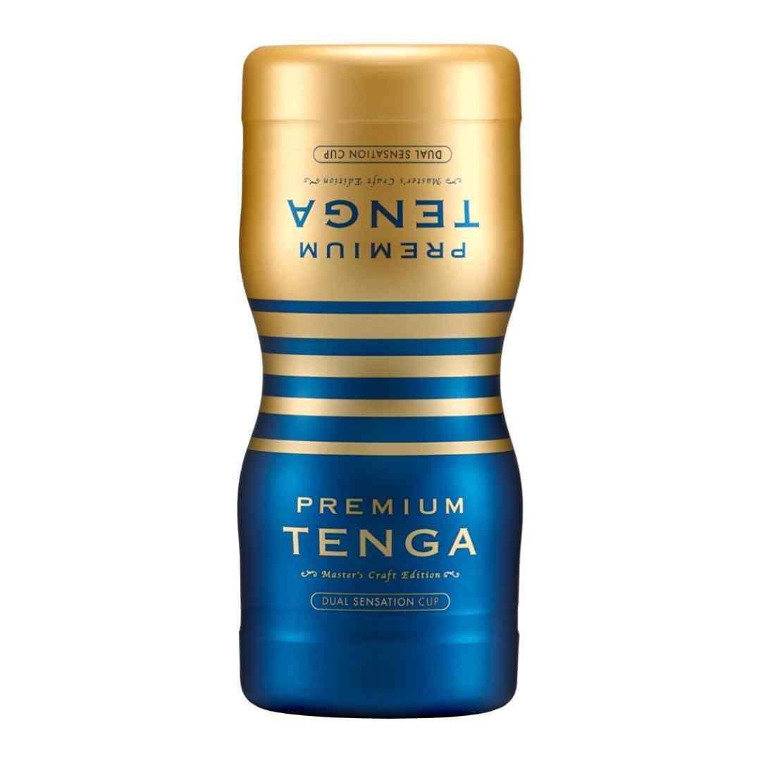 Masturbator "TENGA Dual Sensation Cup" mit strukturiertem Innenleben & Gleitgelprobe - 15.5 cm (gold/blau) - loveiu.ch