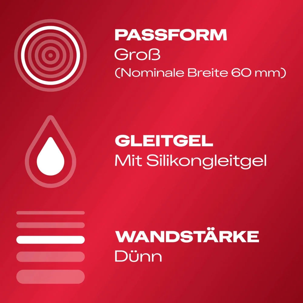 Infografik zu Kondom: große Passform 60 mm, Silikongleitgel, dünne Wandstärke, roter Hintergrund
