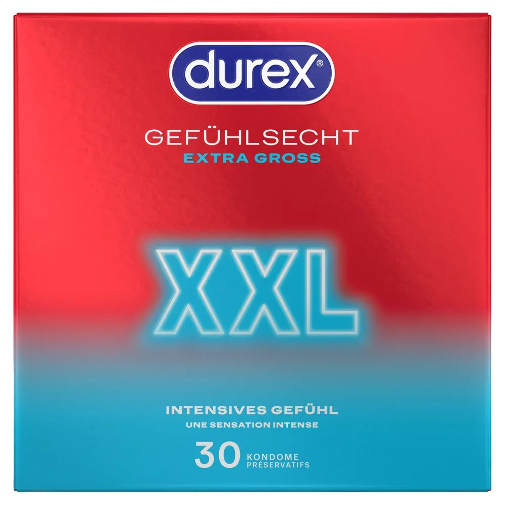 Durex XXL Kondome Gefühlsecht extra gross, Packung mit 30 Kondomen, rote Verpackung