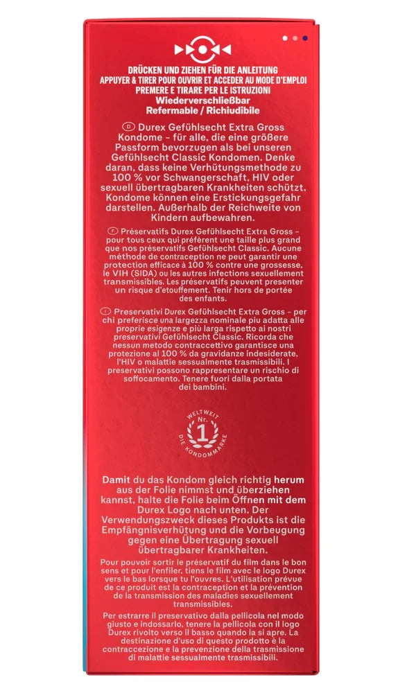Rückseite einer Durex Kondompackung mit mehrsprachigen Informationen zu Größe, Verhütung und Anwendungshinweisen.