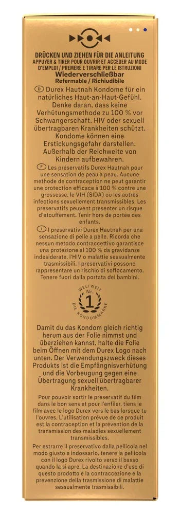 Rückseite einer goldenen Durex Kondomverpackung mit mehrsprachiger Anleitung und Warnhinweisen