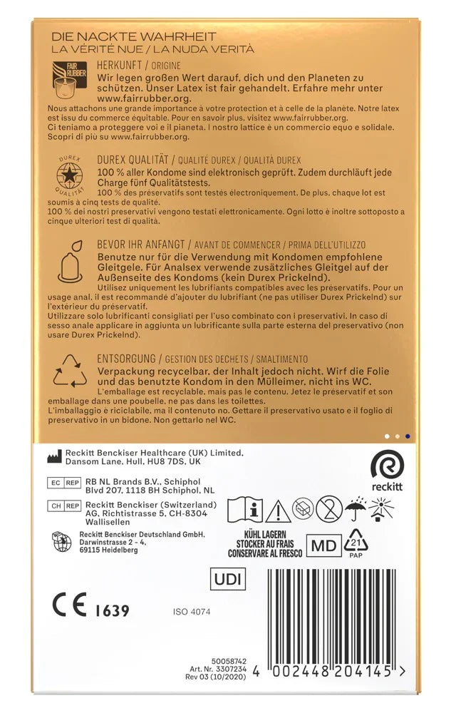 Rückseite einer goldenen Kondomverpackung mit Produktinformationen, Anwendungshinweisen und Symbolen.