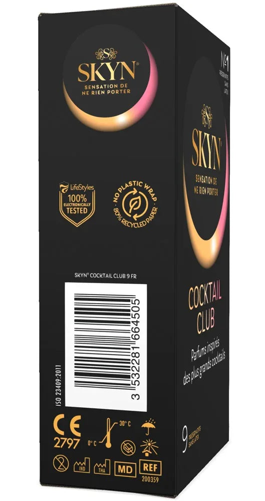 Schwarze Skyn Cocktail Club Kondomverpackung mit goldenen und pinken Akzenten, 9 Stück, diskret, vegan