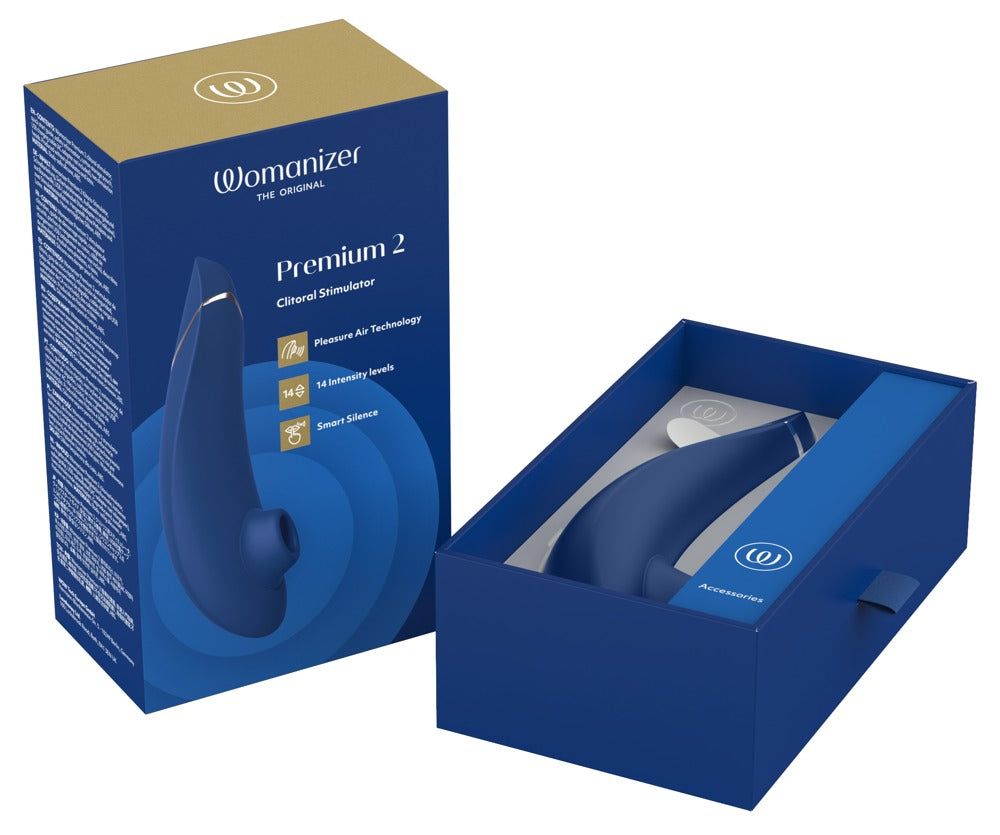 Auflegevibrator "Womanizer Premium 2" mit Druckwellensimulator - 15.5 cm (blau)