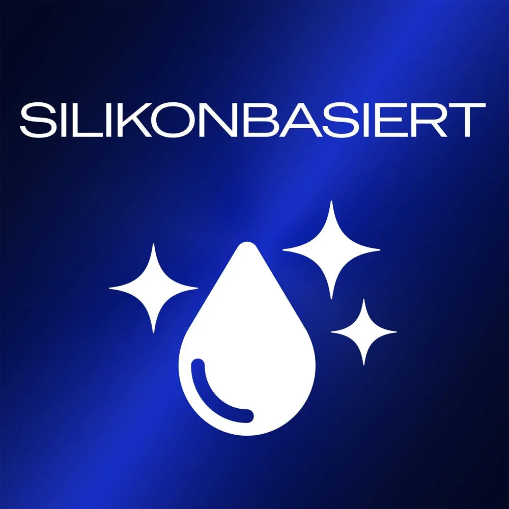 Symbol für silikonbasiertes Gleitgel auf blauem Hintergrund, Tropfen und Glanz-Effekt