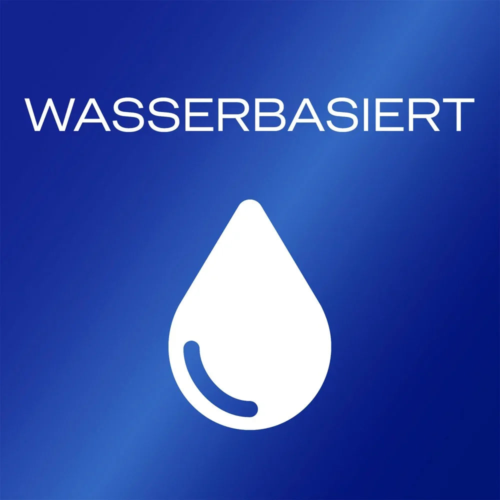 Symbol Wassertropfen mit Text wasserbasiert auf blauem Hintergrund, Gleitmittel