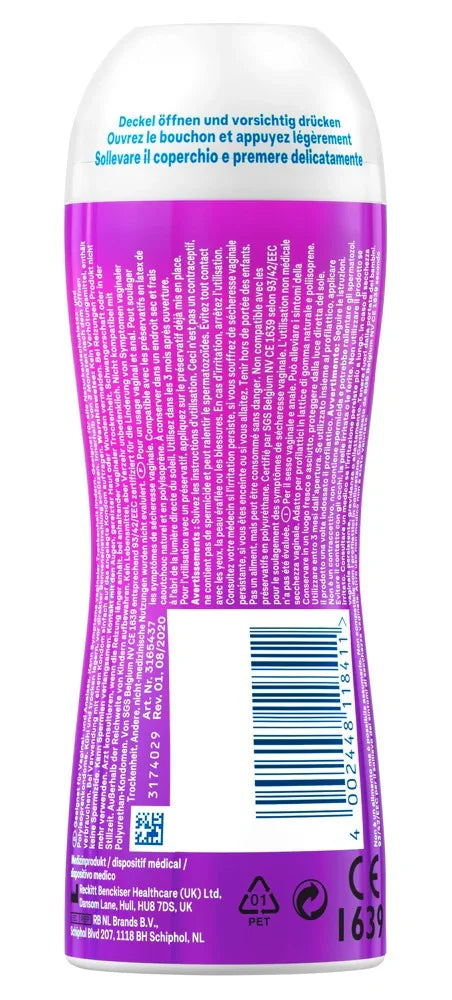 Rückseite einer violetten Flasche Gleitgel, Produkttext und Barcode sichtbar