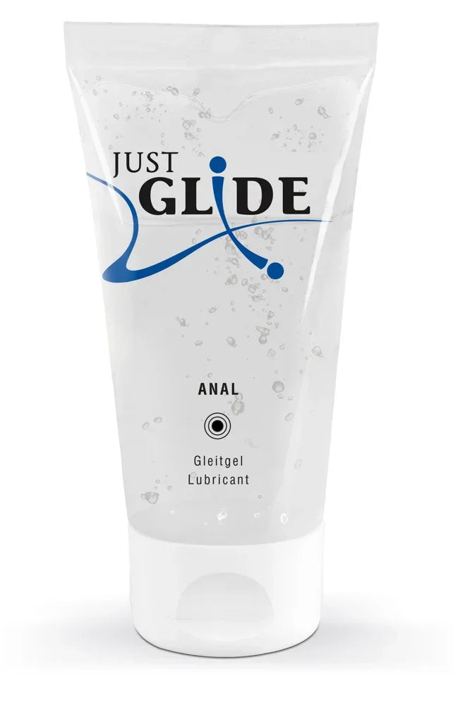 Just Glide Anal Gleitgel in transparenter Tube, klar, mit blauem Design und schwarzer Aufschrift