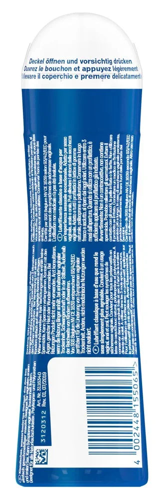 Blau-weiße Flasche Gleitgel, Rückseite mit Anleitung und Barcode sichtbar, Sexspielzeug-Zubehör