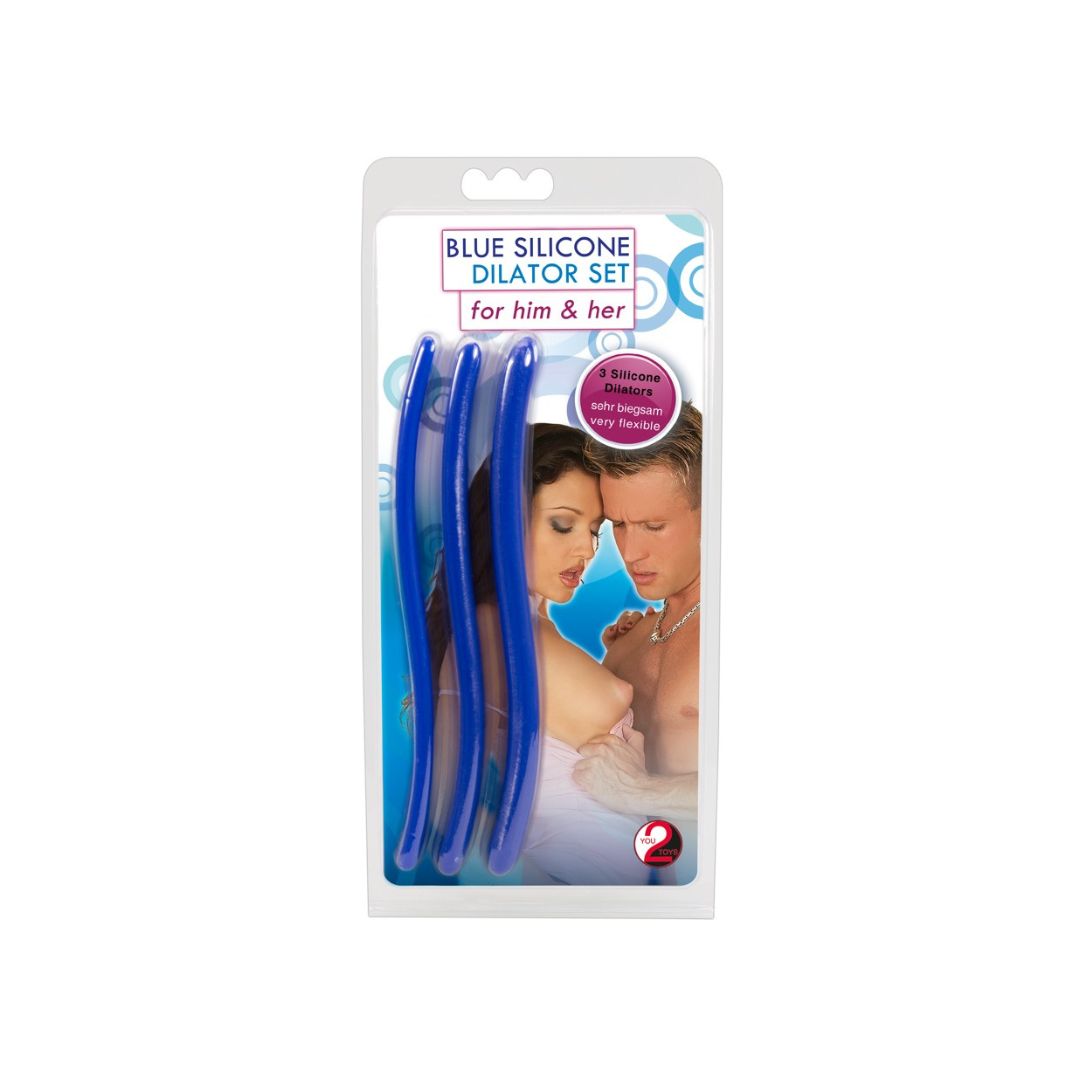 Penis plugs "dilators" made of silicone in a set of 3 - curved & flexible (blue)