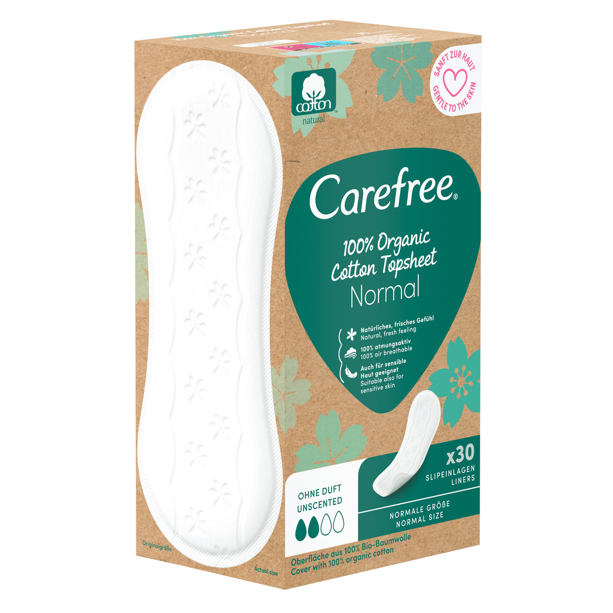 Protège-slips « Organic Cotton Topsheet Normal 30 unités » – Protection naturelle avec 100 % coton bio de Carefree®