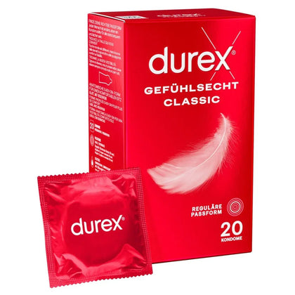 Rote Durex Kondom Verpackung mit Einzelkondom, Aufschrift Gefühlsecht Classic, 20 Stück