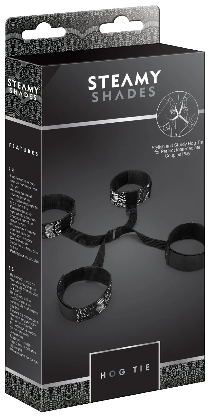 Schwarzes Bondage Hogtie-Set mit Spitzenmuster, verstellbare Manschetten für intimes Liebesspiel