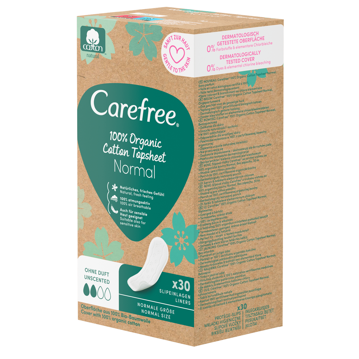 Protège-slips « Organic Cotton Topsheet Normal 30 unités » – Protection naturelle avec 100 % coton bio de Carefree®