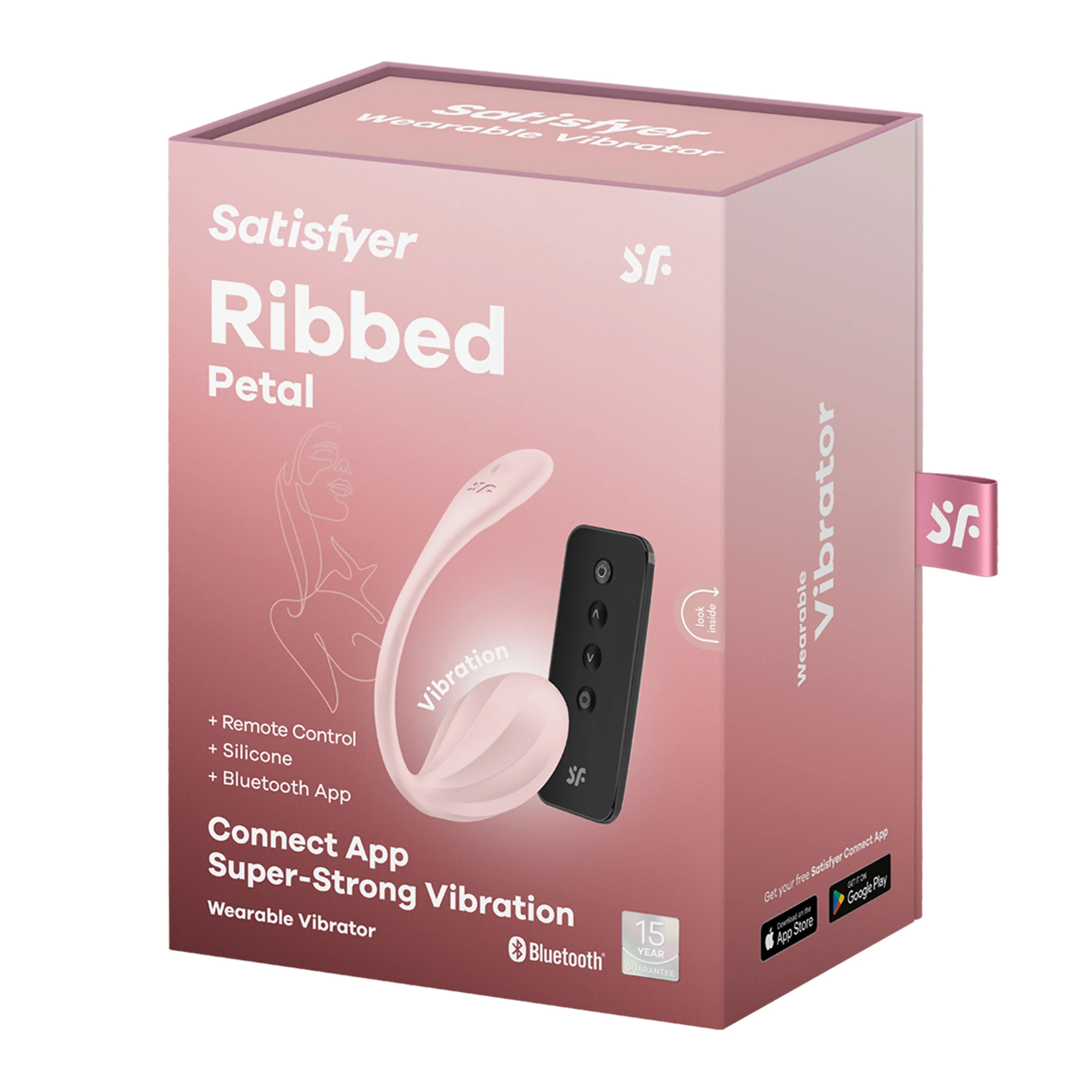 Verpackung eines Wearable Vibrators aus Silikon mit Fernbedienung und App-Steuerung, rosa Design