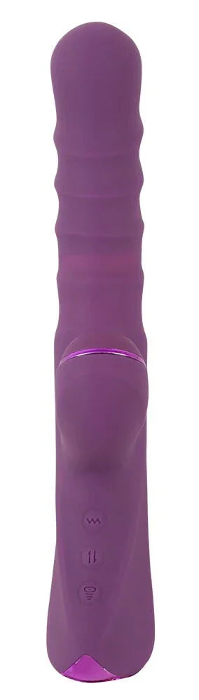 Lila Vibrator mit Soft-Touch-Oberfläche, welliger Struktur und Bedienelementen vorne