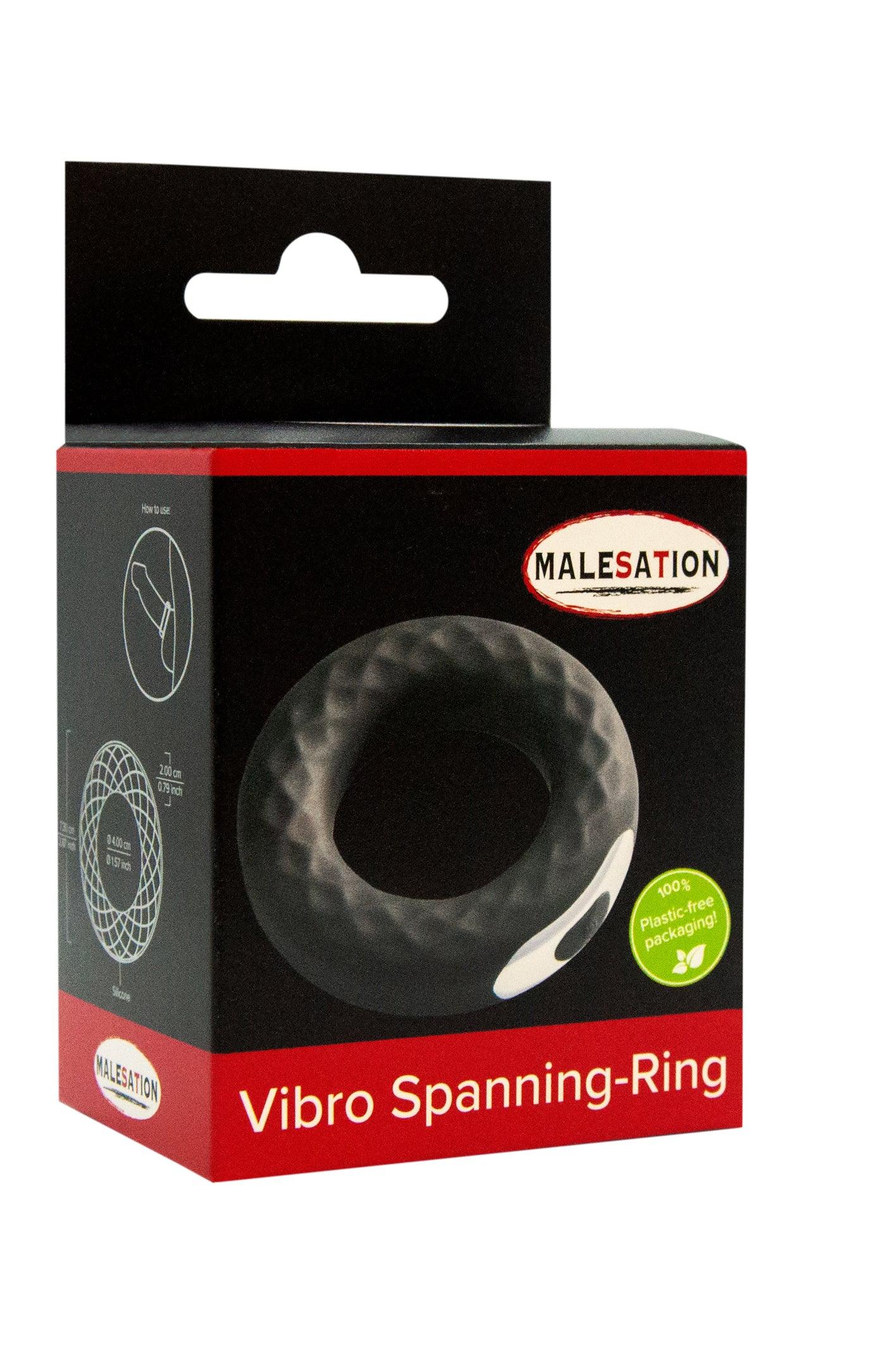 Verpackung eines Vibro-Spannrings aus Silikon für das Liebesleben, schwarz mit Struktur.