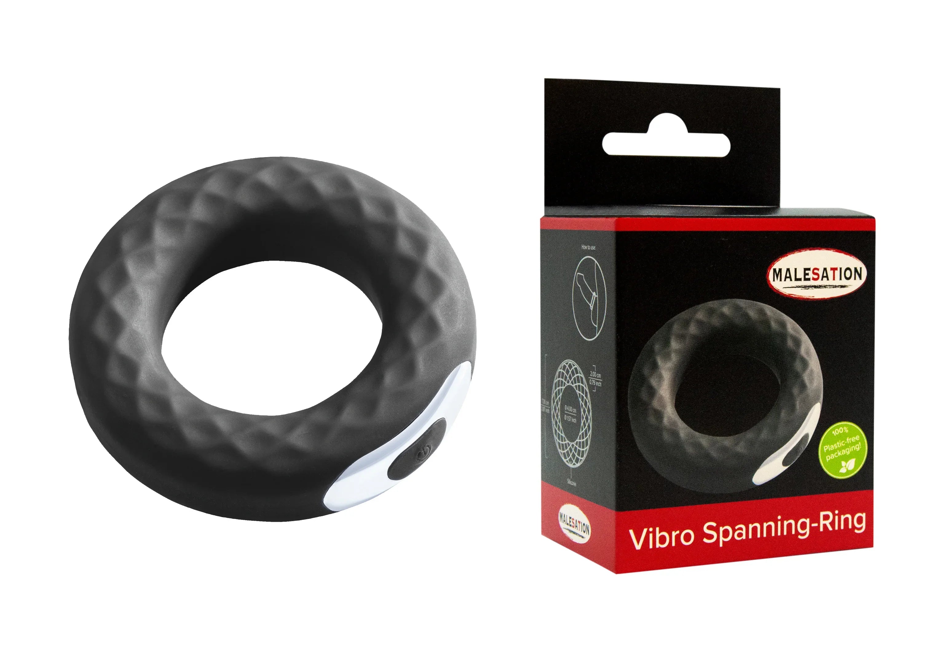 Schwarzer vibrierender Penisring aus Silikon mit strukturierter Oberfläche und Verpackung.