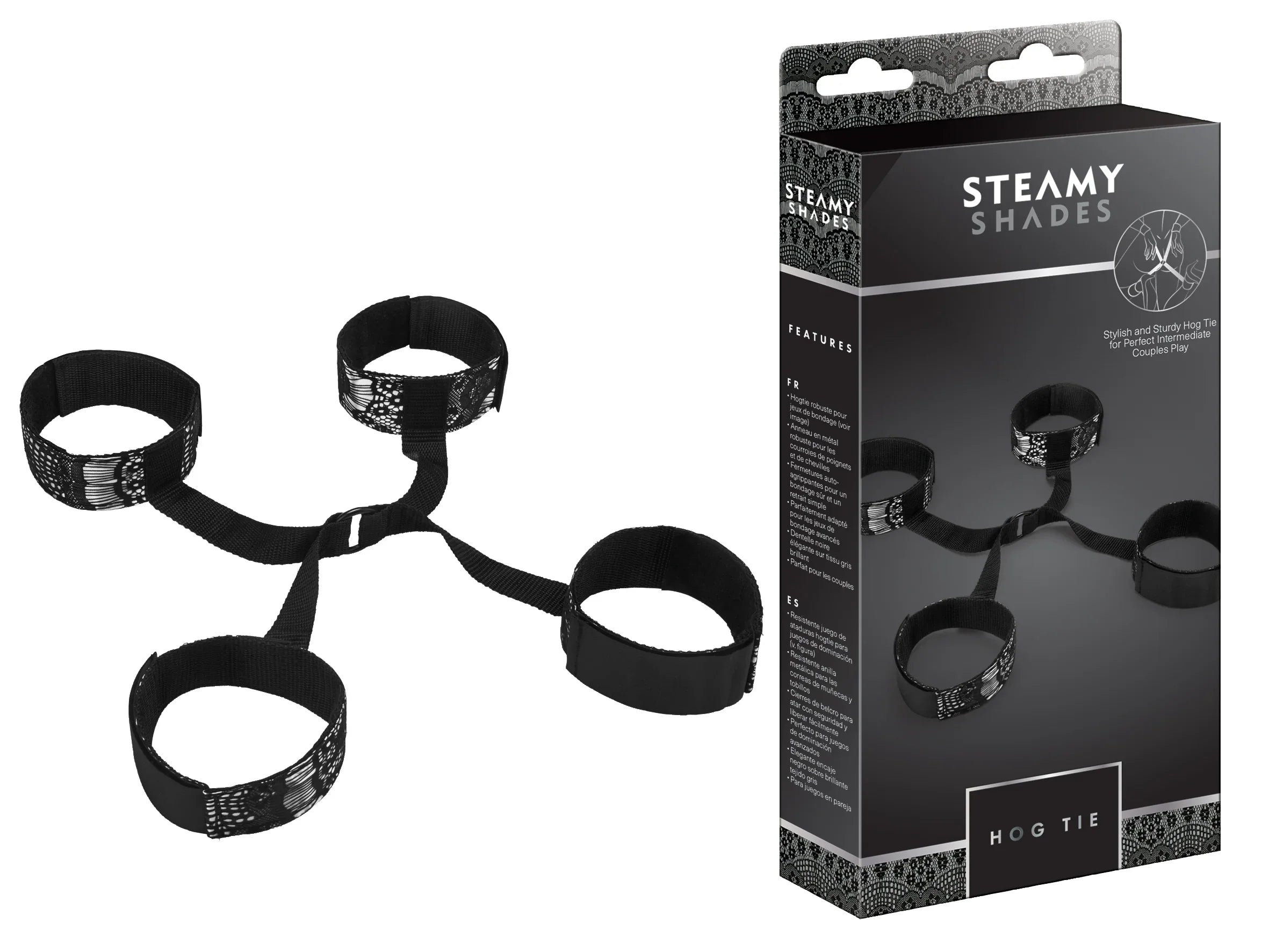 Schwarzes Bondage Hogtie-Set mit vier verstellbaren Manschetten, Produkt und Verpackung