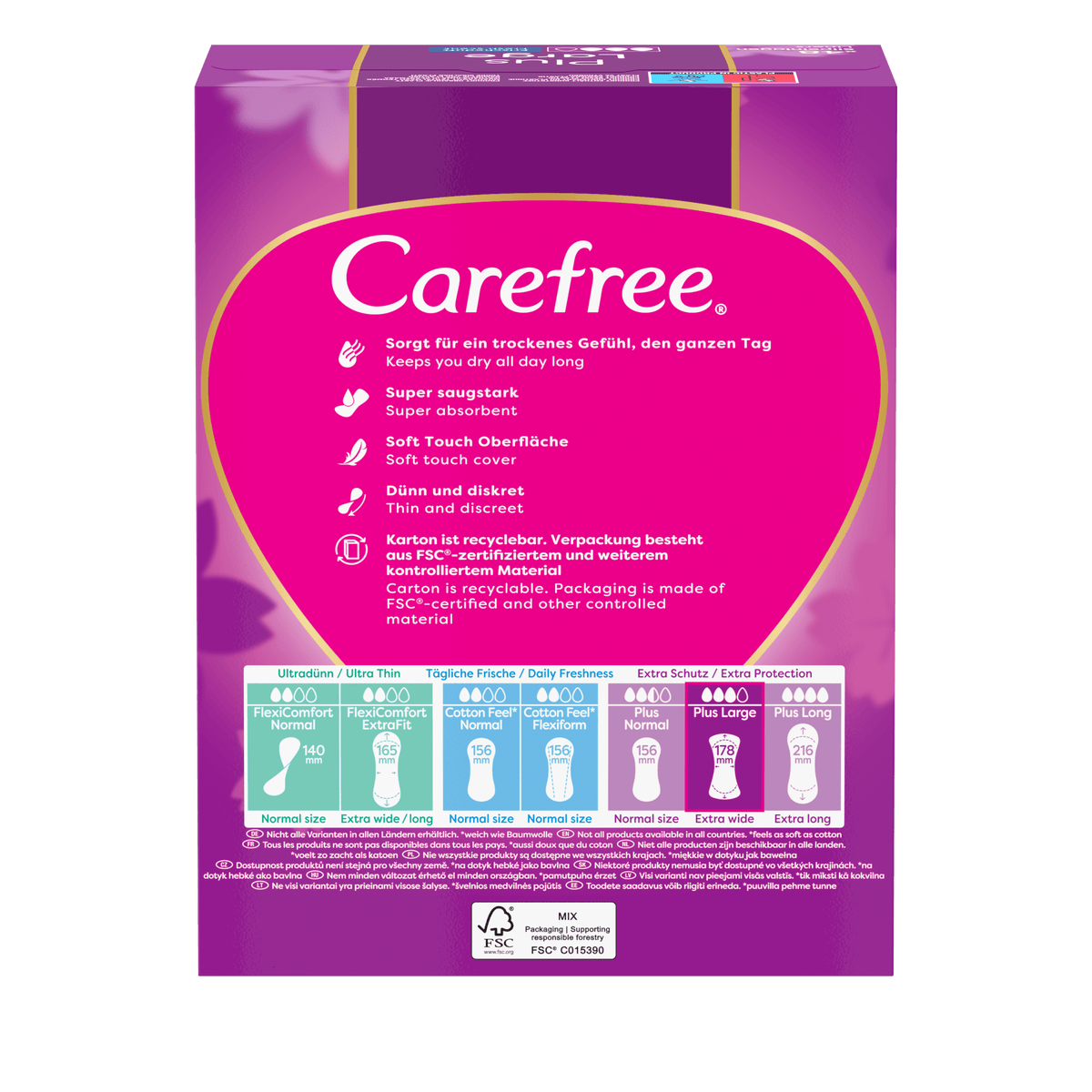 "Plus Large Fresh Scent Panty Liners 48 count" – Extra protection and freshness from Carefree®