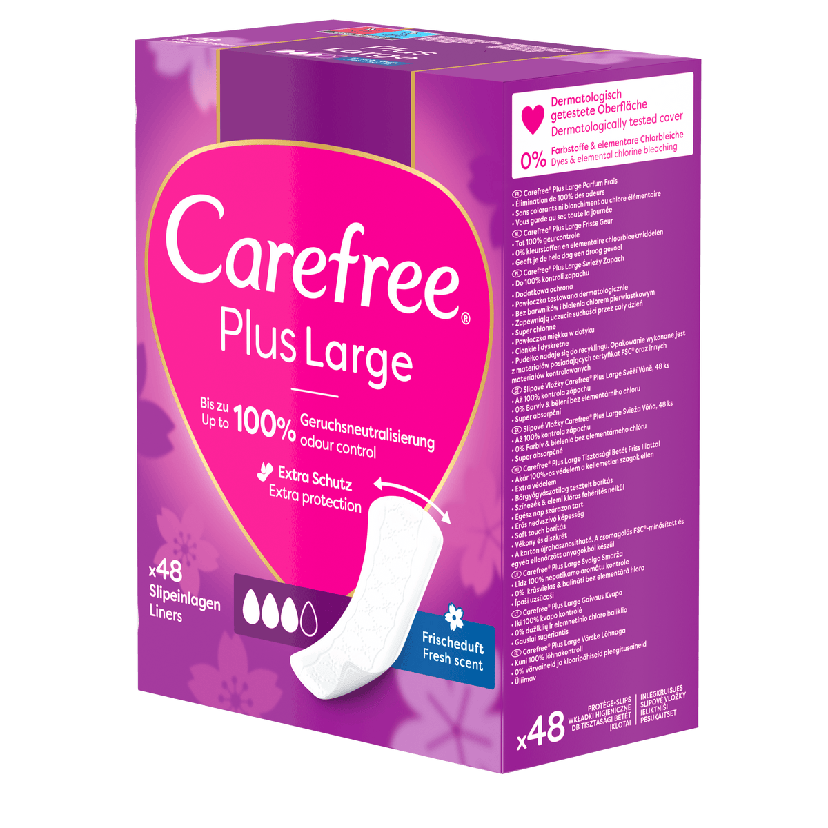 "Plus Large Fresh Scent Panty Liners 48 count" – Extra protection and freshness from Carefree®